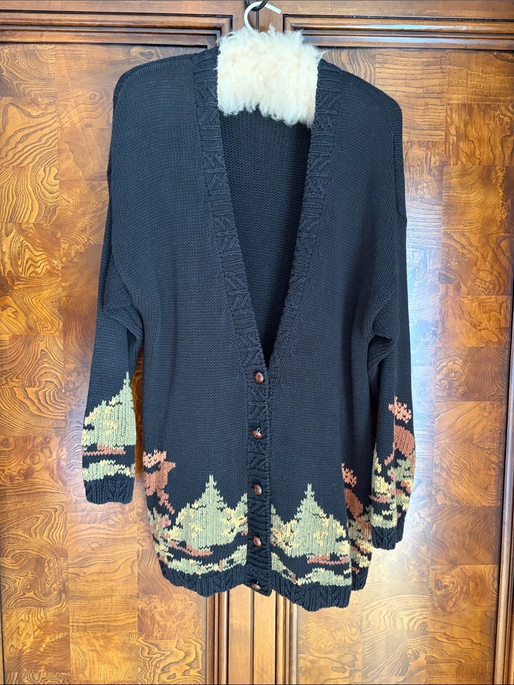 Cambridge Dry Goods No Tag Black Cardigan w Deer Forest Border Scene Flaw LG/XLG
